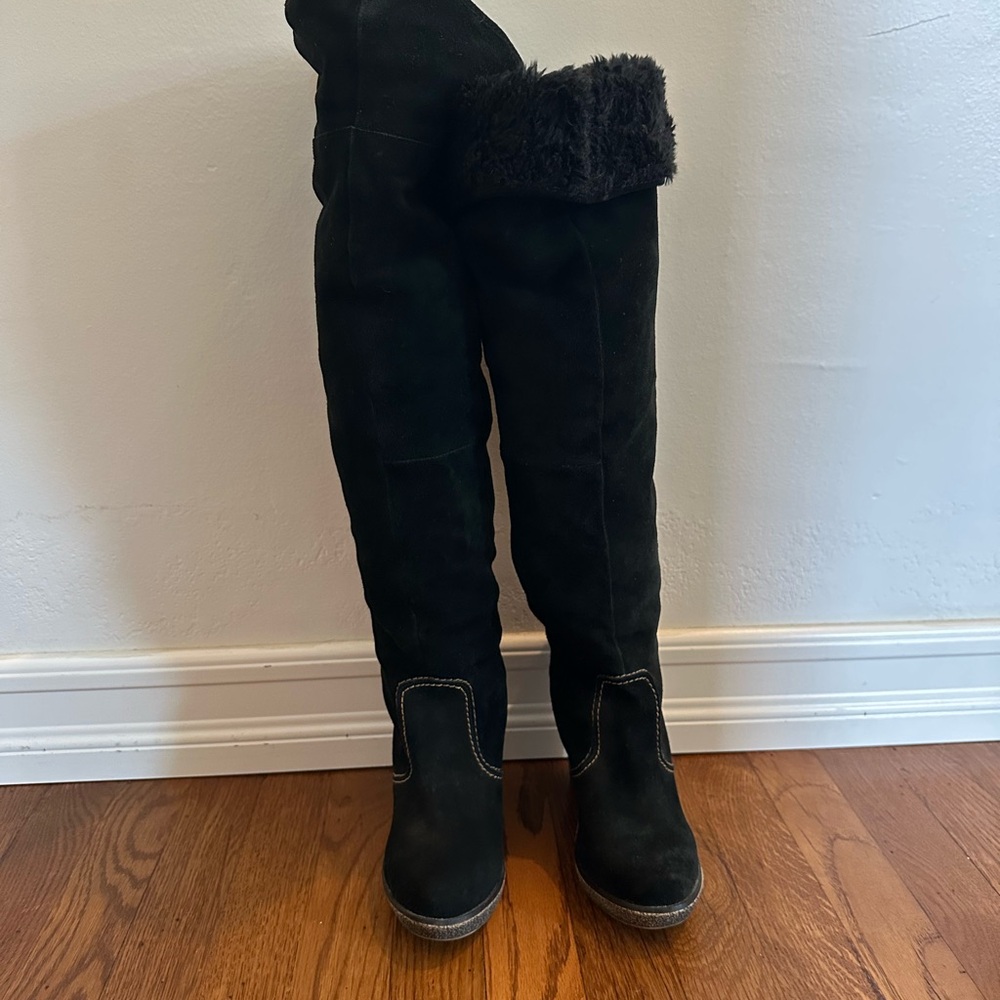 Steve Madden Carlly Black Suede Over the Knee Faux Fur Wedge Boots Size 6.5